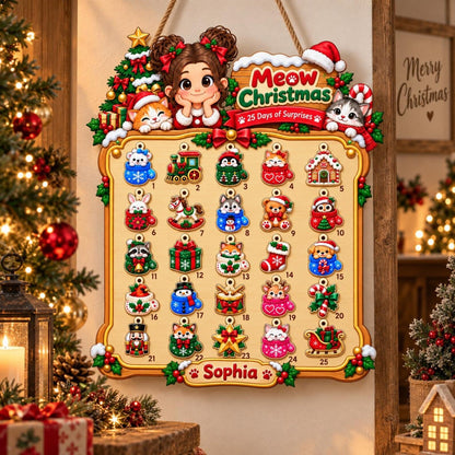 Personalized Wooden Advent Calendar: Custom Name, Photo Meow Christmas Countdown Sign, Hanging Wall Decor