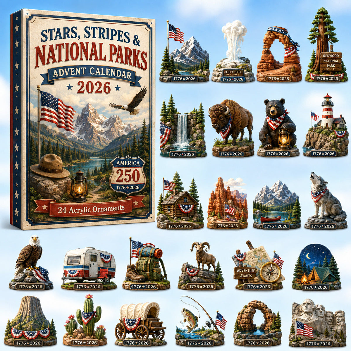 Stars, Stripes & National Parks Advent Calendar 2026 - 24-Day Festive Countdown, Acrylic Charms Blind Box - Gift For Family & Friends