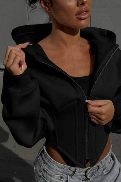 Cropped Curved Hem Full Zip Hoodie
