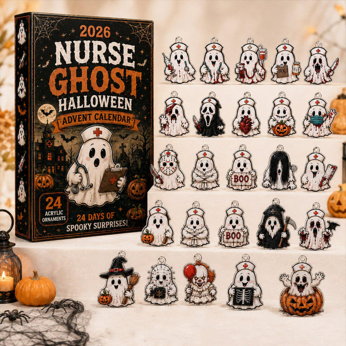 2026 Nurse Ghost Halloween Advent Calendar, 24 Spooky Surprise Acrylic Figurines, Medical Horror Collectible Holiday Gift