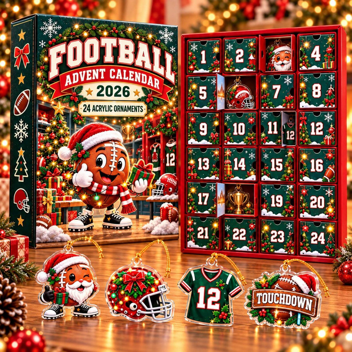 Personalized Football Advent Calendar 2026, 24 Acrylic Christmas Ornaments, Football Fan Gift Addie Alm