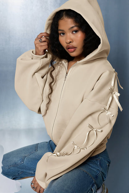 Bow Lace Up Sleeve Cropped Hoodie
