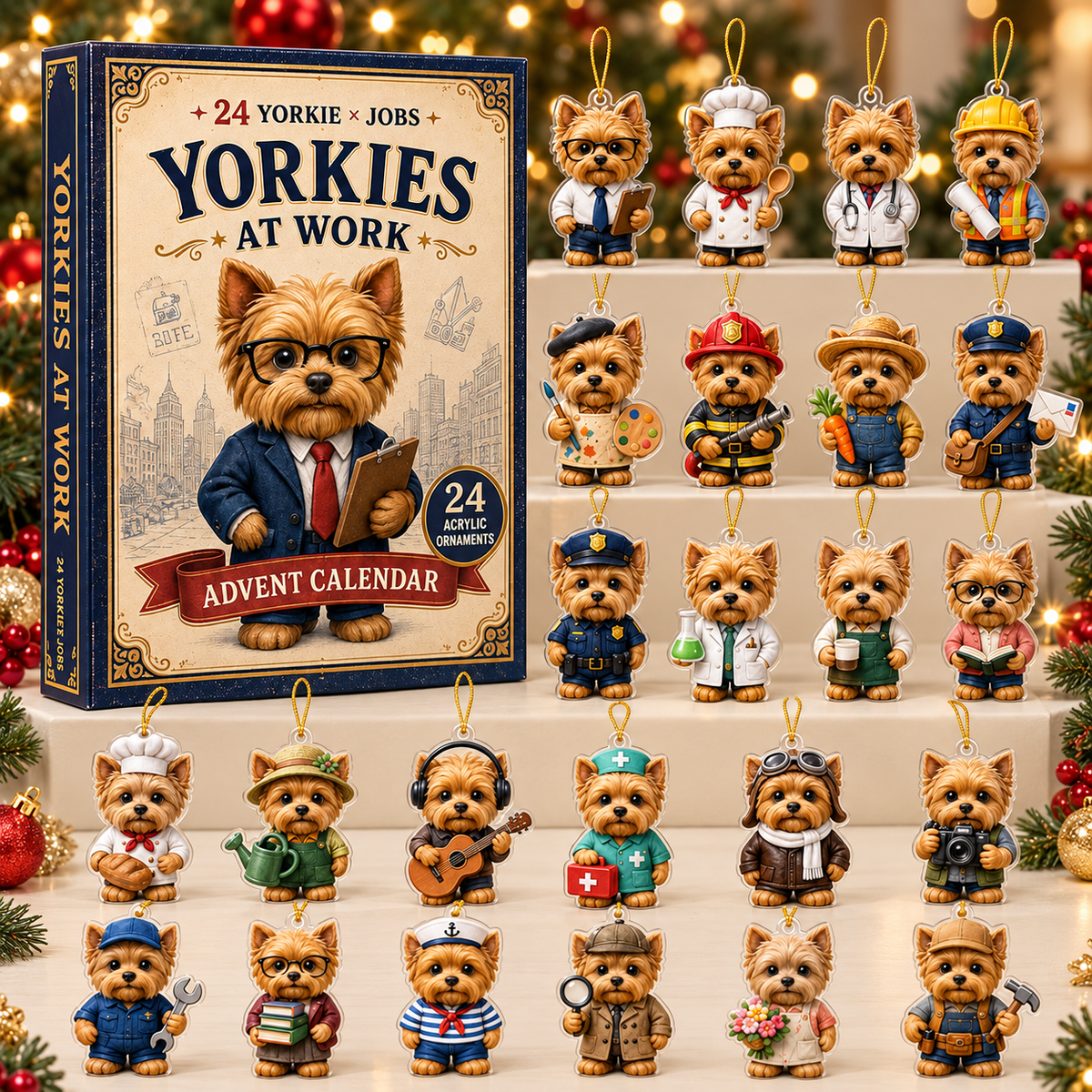 Yorkies At Work Advent Calendar 2026 - 24-Day Festive Countdown, Acrylic Charms Blind Box - Gift For Yorkshire Terrier Lovers