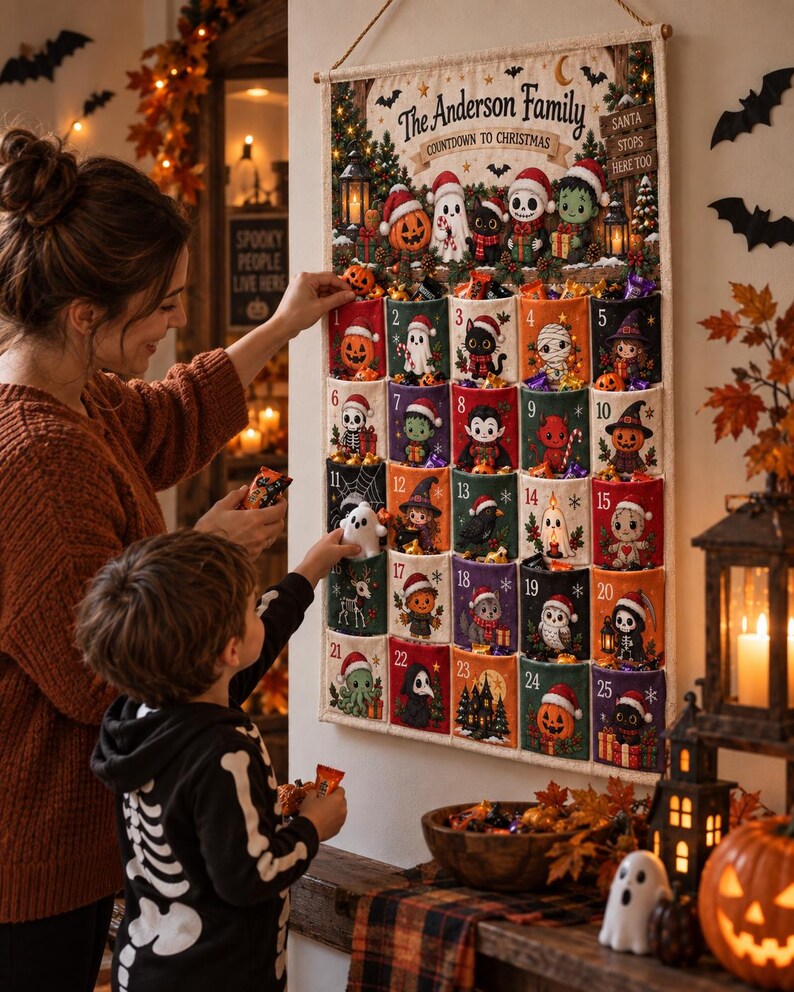 Personalized Spooky Christmas Fabric Advent Calendar, 25 Day Halloween Holiday Pocket Countdown, Custom Family Quilted Wall Hanging