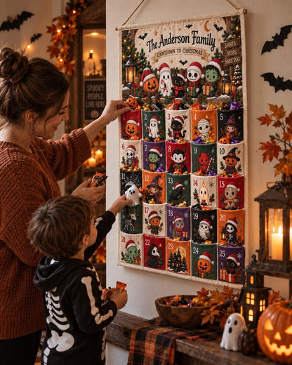 Personalized Spooky Christmas Fabric Advent Calendar, 25 Day Halloween Holiday Pocket Countdown, Custom Family Quilted Wall Hanging