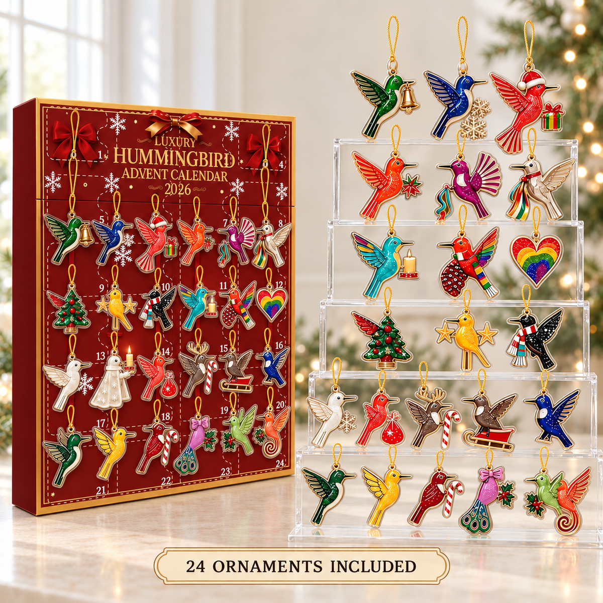 Hummingbird Advent Calendar 2026, 24 2D Flat Acrylic Ornaments Box, Christmas Countdown, Hummingbird Lover Gift