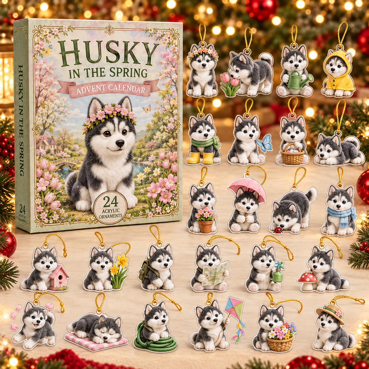 Husky In The Spring Advent Calendar 2026 - 24-Day Festive Countdown, Acrylic Charms Blind Box - Gift For Dog Lovers