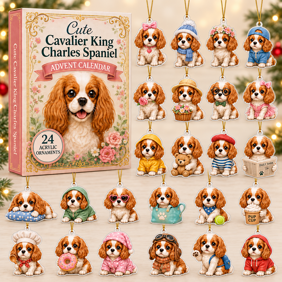 Cute Cavalier King Charles Spaniel Advent Calendar 2026 - 24-Day Festive Countdown, Acrylic Charms Blind Box - Gift For Dog Lovers