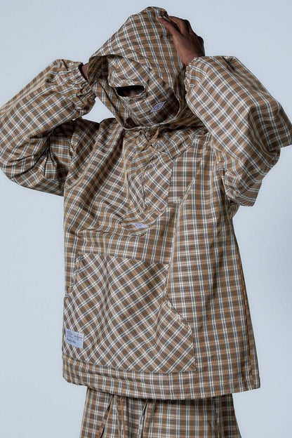 Vintage Plaid Half-Placket Masked Hoodie