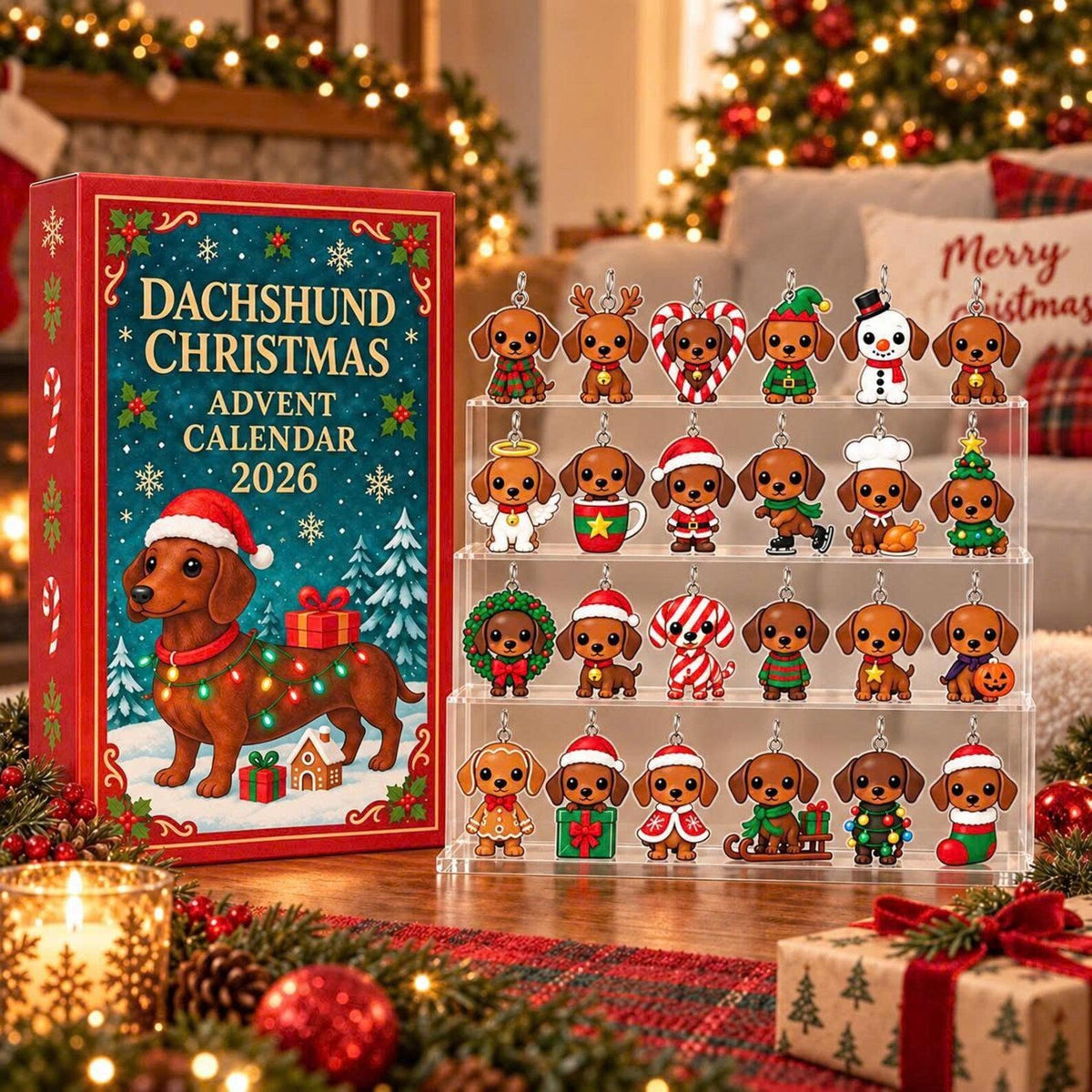 Dachshund Christmas Advent Calendar 2026, 24 Days Holiday Countdown Gift Box, Acrylic Dachshund Hanging Ornaments