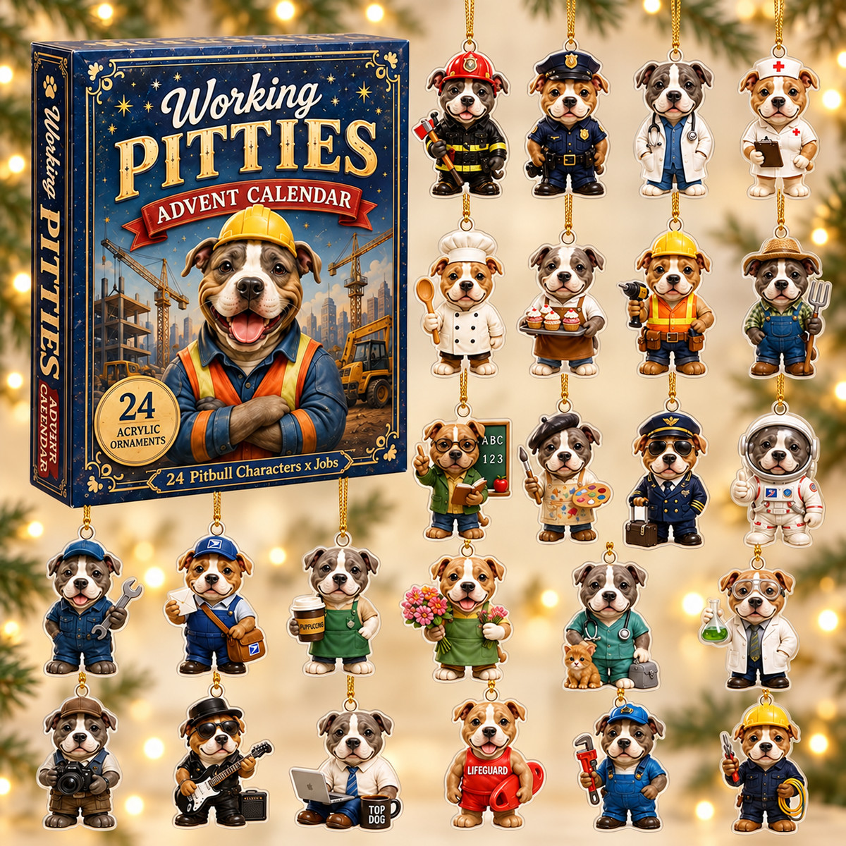 Working Pitties Advent Calendar 2026 - 24-Day Festive Countdown, Acrylic Charms Blind Box - Gift For Pitbull Lovers