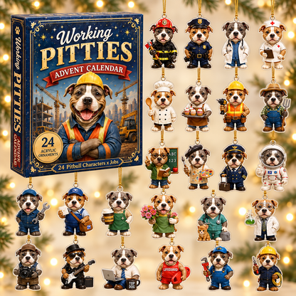 Working Pitties Advent Calendar 2026 - 24-Day Festive Countdown, Acrylic Charms Blind Box - Gift For Pitbull Lovers