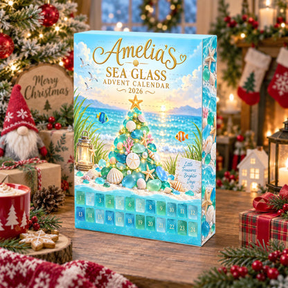 Personalized Sea Glass Advent Calendar Box, Custom Name 24 Charm Christmas Countdown, Beach Lover Holiday Keepsake Gift