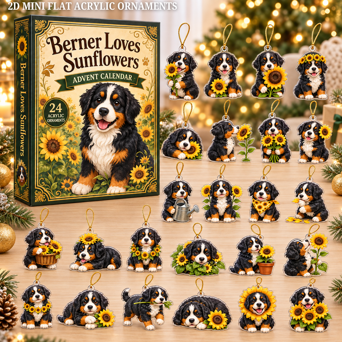 Berner Loves Sunflowers Advent Calendar 2026 - 24-Day Festive Countdown, Acrylic Charms Blind Box - Gift For Bernese Mountain Dog Lovers