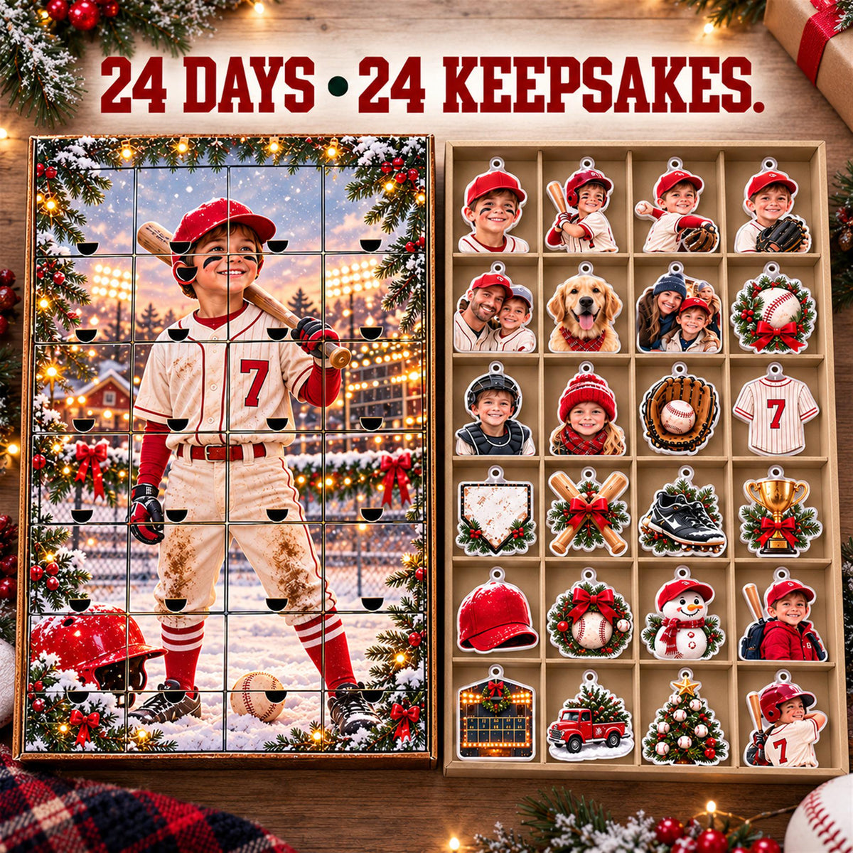 Personalized Baseball Advent Calendar with 24 Custom Photo Acrylic Ornaments, Player Number Christmas Gift for Baseball Family and Coach