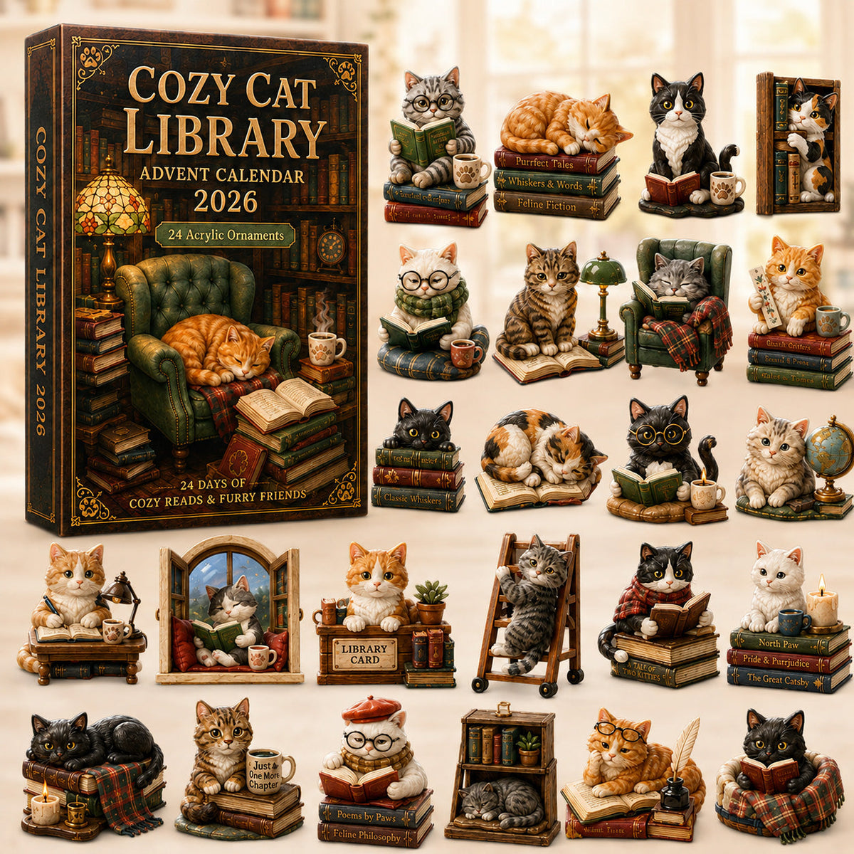 Cozy Cat Library Advent Calendar 2026 - 24-Day Festive Countdown, Acrylic Charms Blind Box - Gift For Reading Lovers