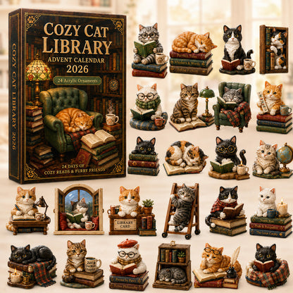 Cozy Cat Library Advent Calendar 2026 - 24-Day Festive Countdown, Acrylic Charms Blind Box - Gift For Reading Lovers