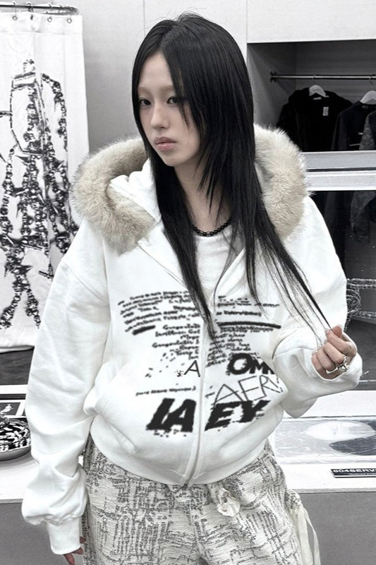 Faux Fur Graffiti Zip Hoodie