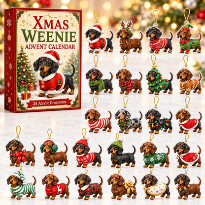 Dachshund Advent Calendar 2026, 24 Day Christmas Countdown, Flat Acrylic Wiener Dog Ornaments, Xmas Weenie Dog Holiday Gift for Dog Lovers
