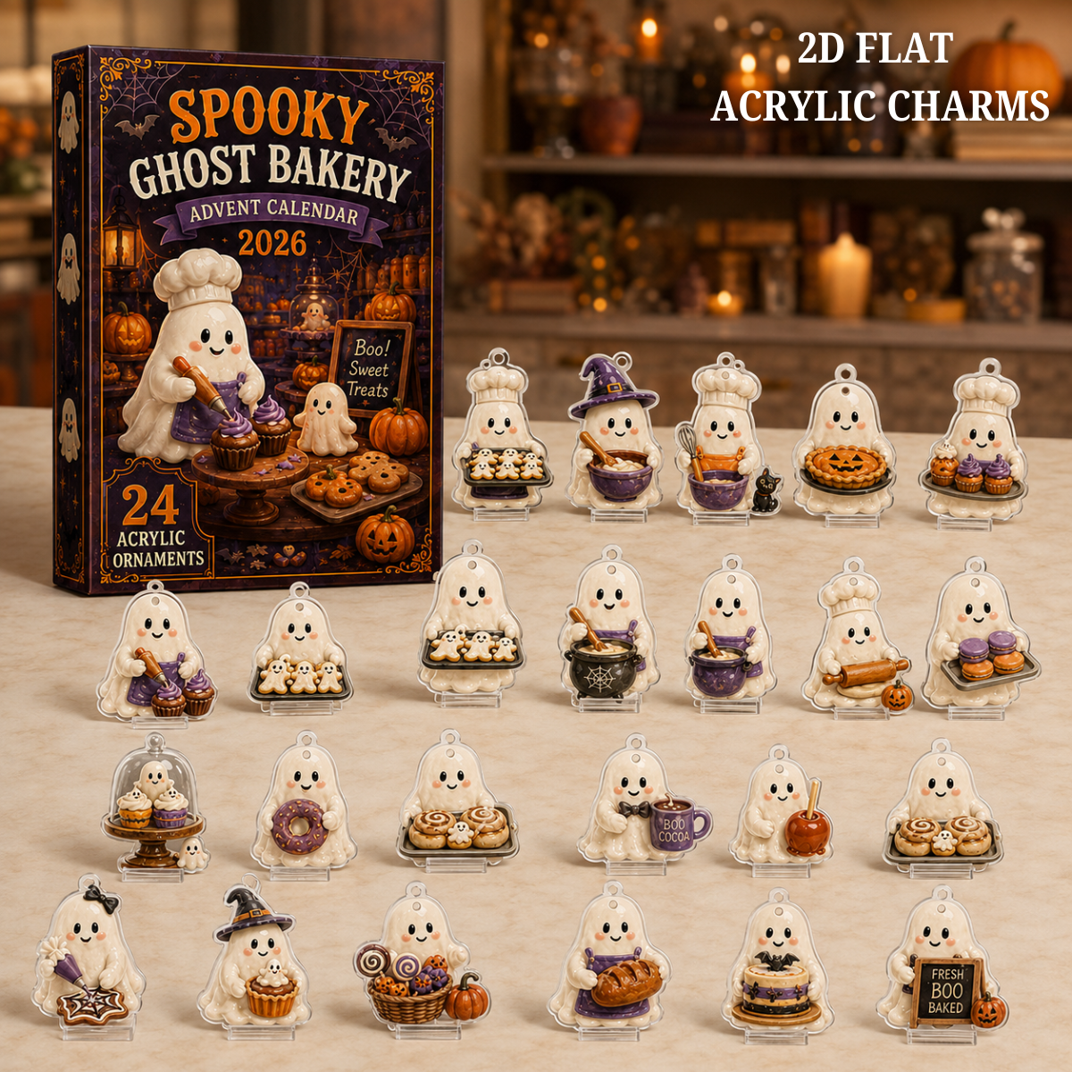 Spooky Ghost Bakery Advent Calendar 2026 - 24-Day Festive Countdown, Acrylic Charms Blind Box - Gift For Family & Friends