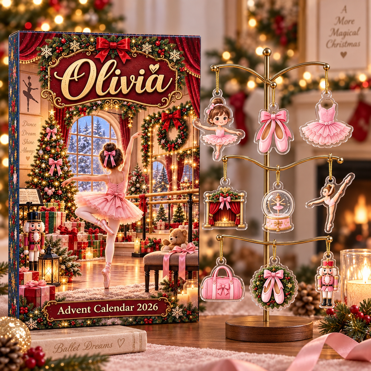 Personalized Ballerina Advent Calendar, 24 Ballet Christmas Charms, Custom Name Dancer Gift, Holiday Countdown Box
