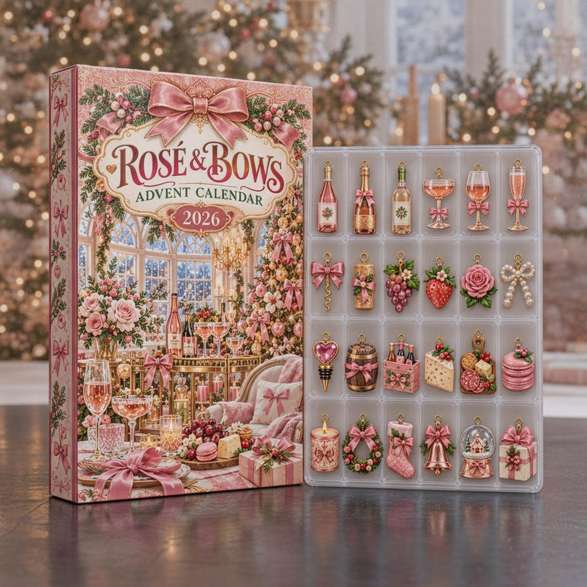 Rosé & Bows Advent Calendar 2026, 24 Day Christmas Countdown, Pink Wine Ornaments, Rosé Lover Gift for Women, Girly Holiday Decor