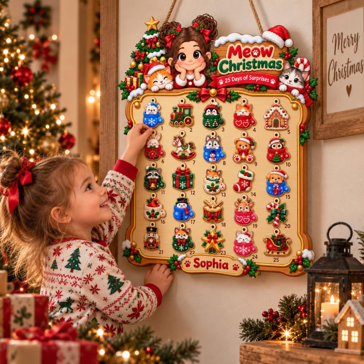 Personalized Wooden Advent Calendar: Custom Name, Photo Meow Christmas Countdown Sign, Hanging Wall Decor