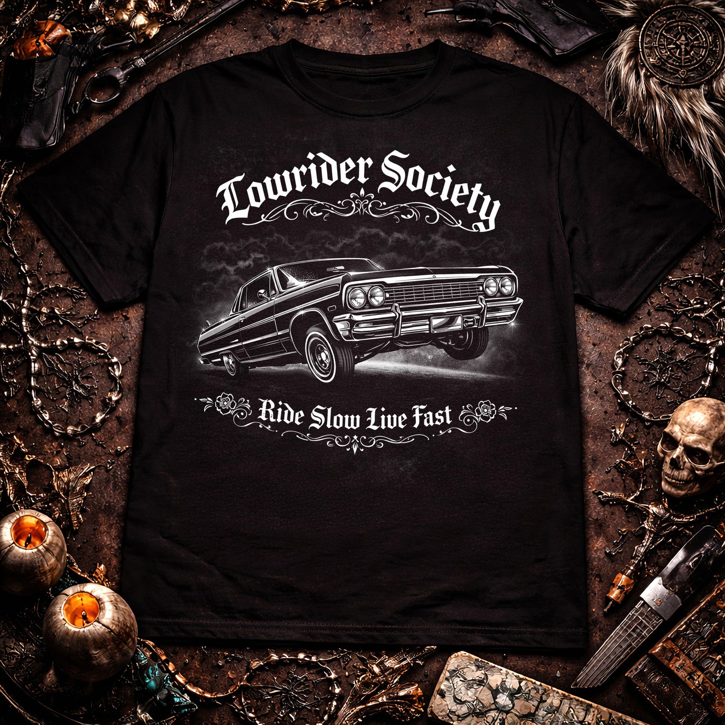 Lowrider Society Ride Slow Live Fast Chicano Style T-Shirt
