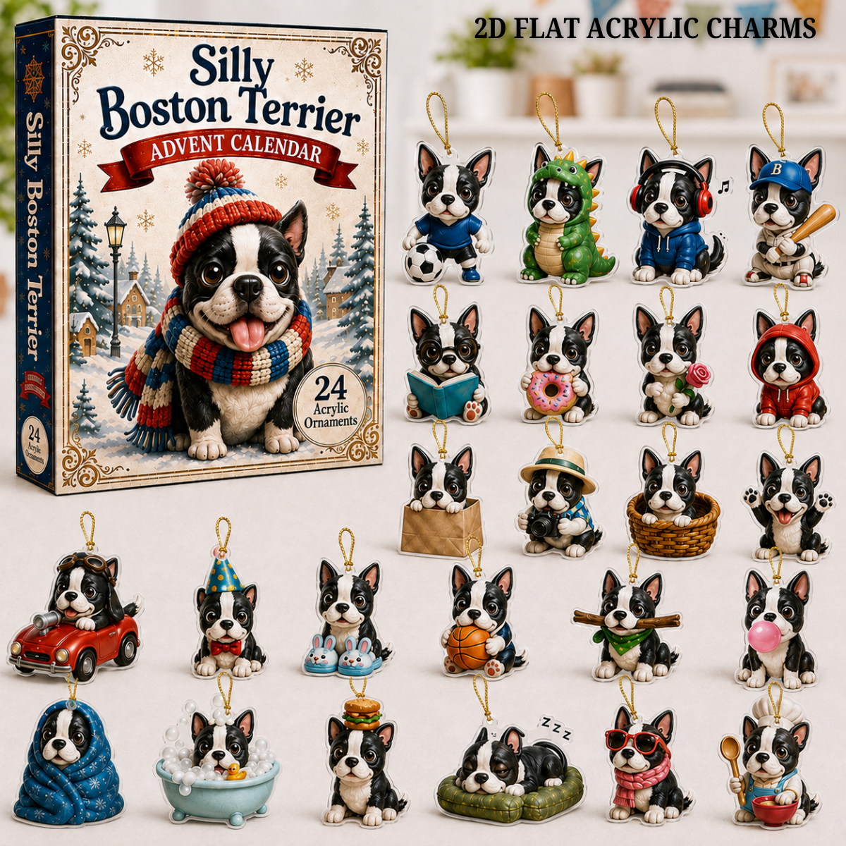 Silly Boston Terrier Advent Calendar 2026 - 24-Day Festive Countdown, Acrylic Charms Blind Box - Gift For Boston Terrier Lovers