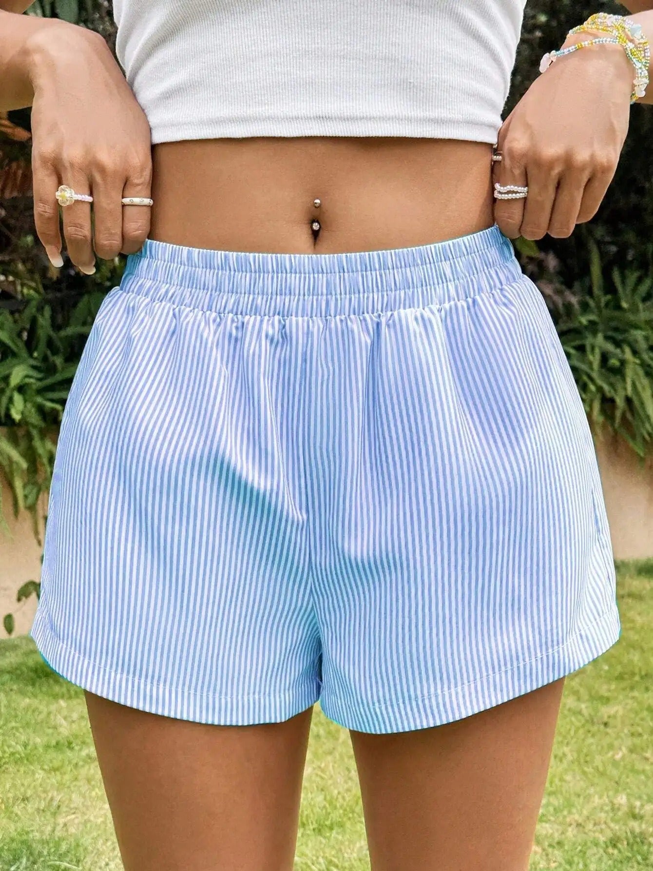 Light Blue Striped High-Waist Seersucker Shorts
