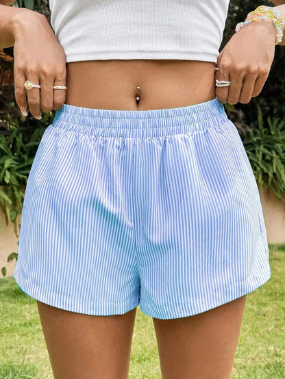 Light Blue Striped High-Waist Seersucker Shorts