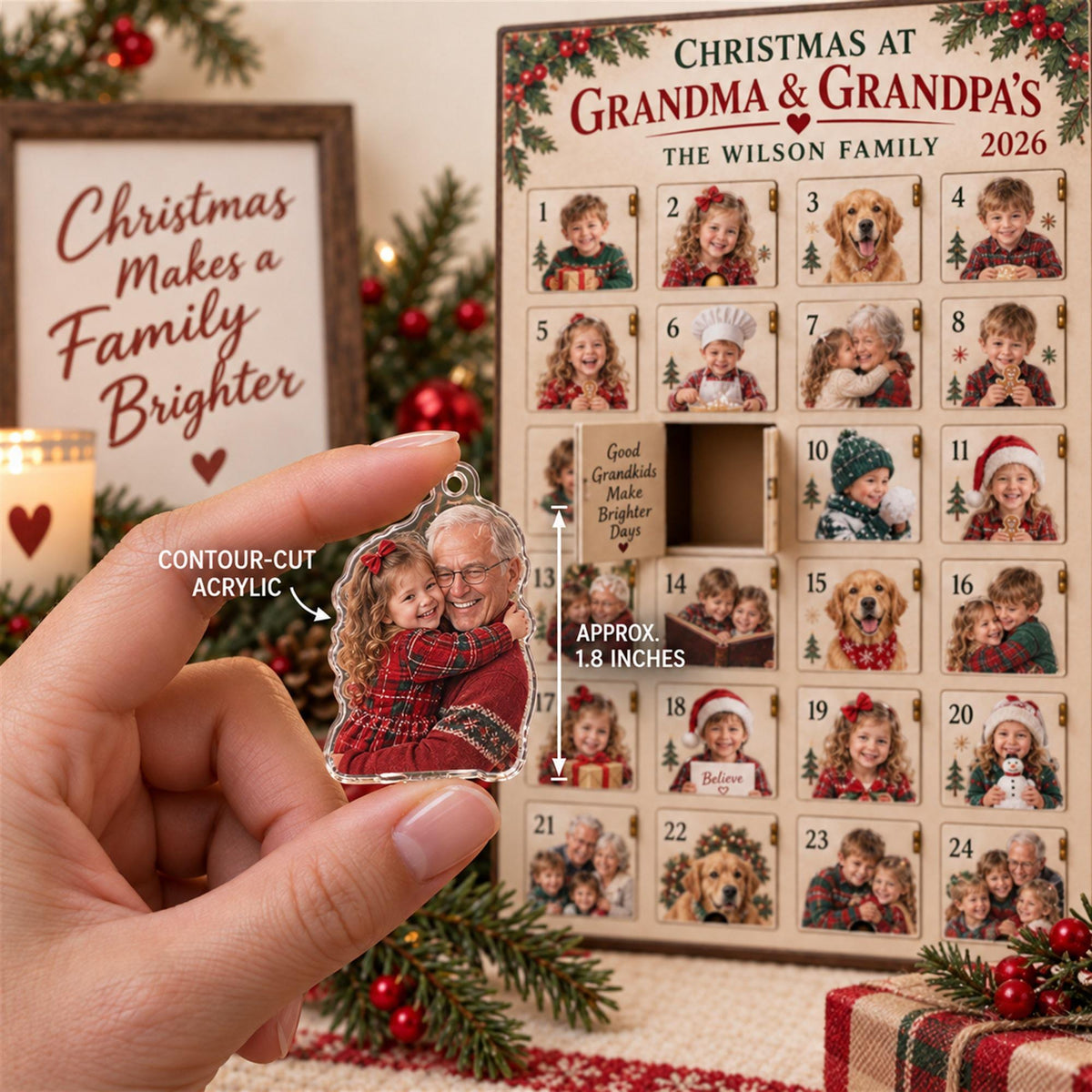 Personalized Grandparents Advent Calendar with 24 Custom Photo Acrylic Ornaments, Christmas Gift for Grandma Grandpa, Grandkids Keepsake