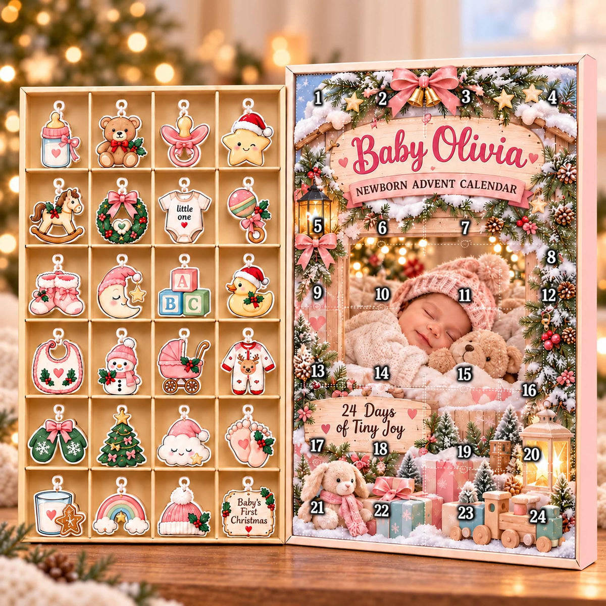 Personalized Baby Newborn Christmas Advent Calendar 2026, Custom Baby Name Blind Box, 24 Day Countdown Tiny Joy Baby Xmas Ornament Token Set