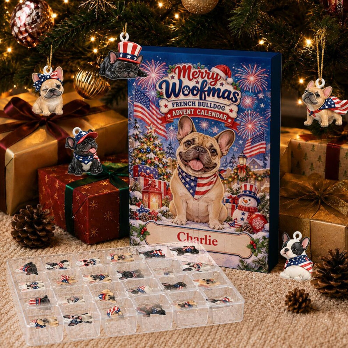 French Bulldog Advent Calendar, 24 Acrylic Charms, Personalized Dog Name, Daily Countdown Collectible Set