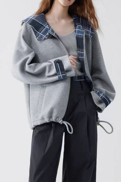 Checked Patchwork Casual Hoodie