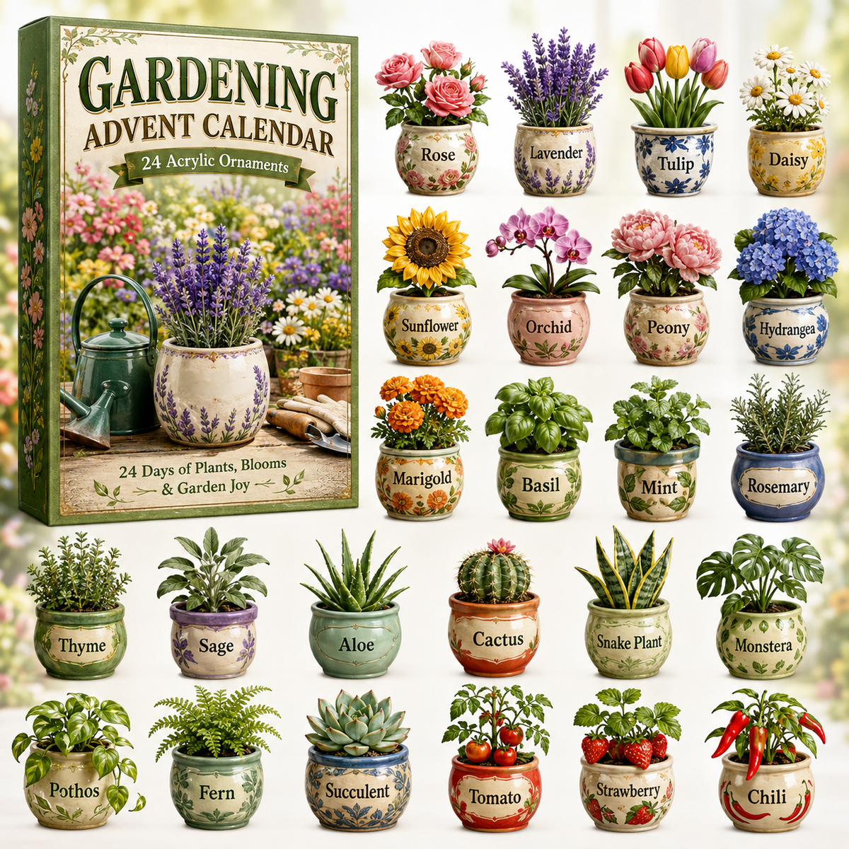 Gardening Plants Advent Calendar 2026 - 24-Day Festive Countdown, Acrylic Charms Blind Box - Gift For Gardening Lovers