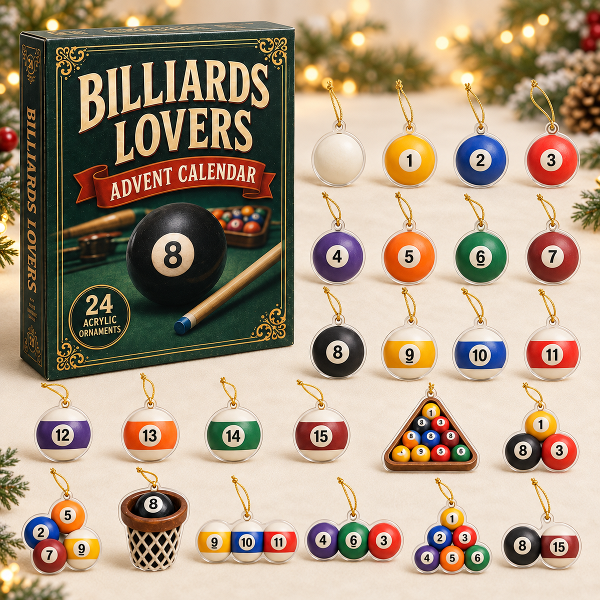 Billiards Ball Advent Calendar 2026 - 24-Day Festive Countdown, Acrylic Charms Blind Box - Gift For Billiards Lovers