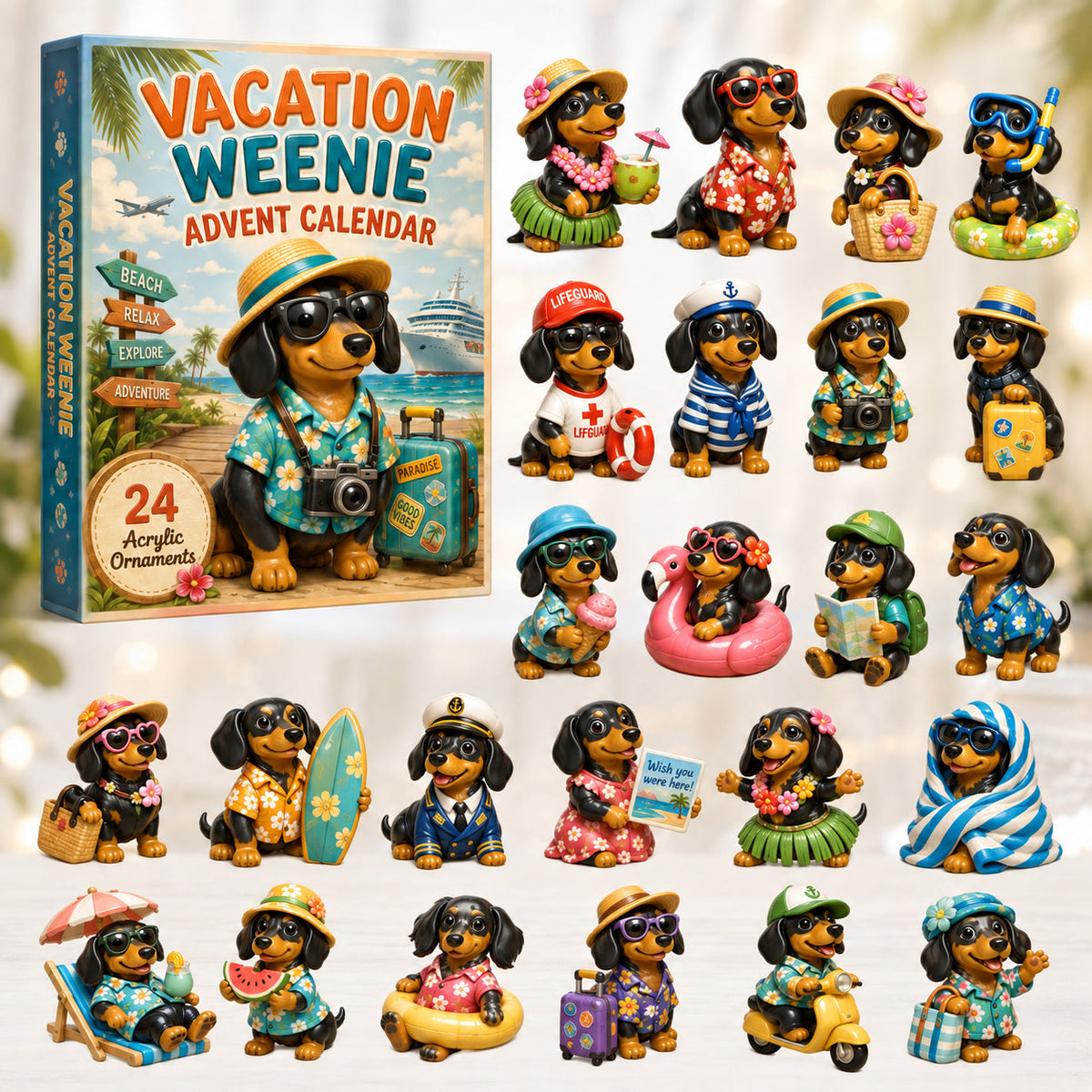 Vacation Weenie Advent Calendar 2026 - 24-Day Festive Countdown, Acrylic Charms Blind Box - Gift For Dachshund Lovers