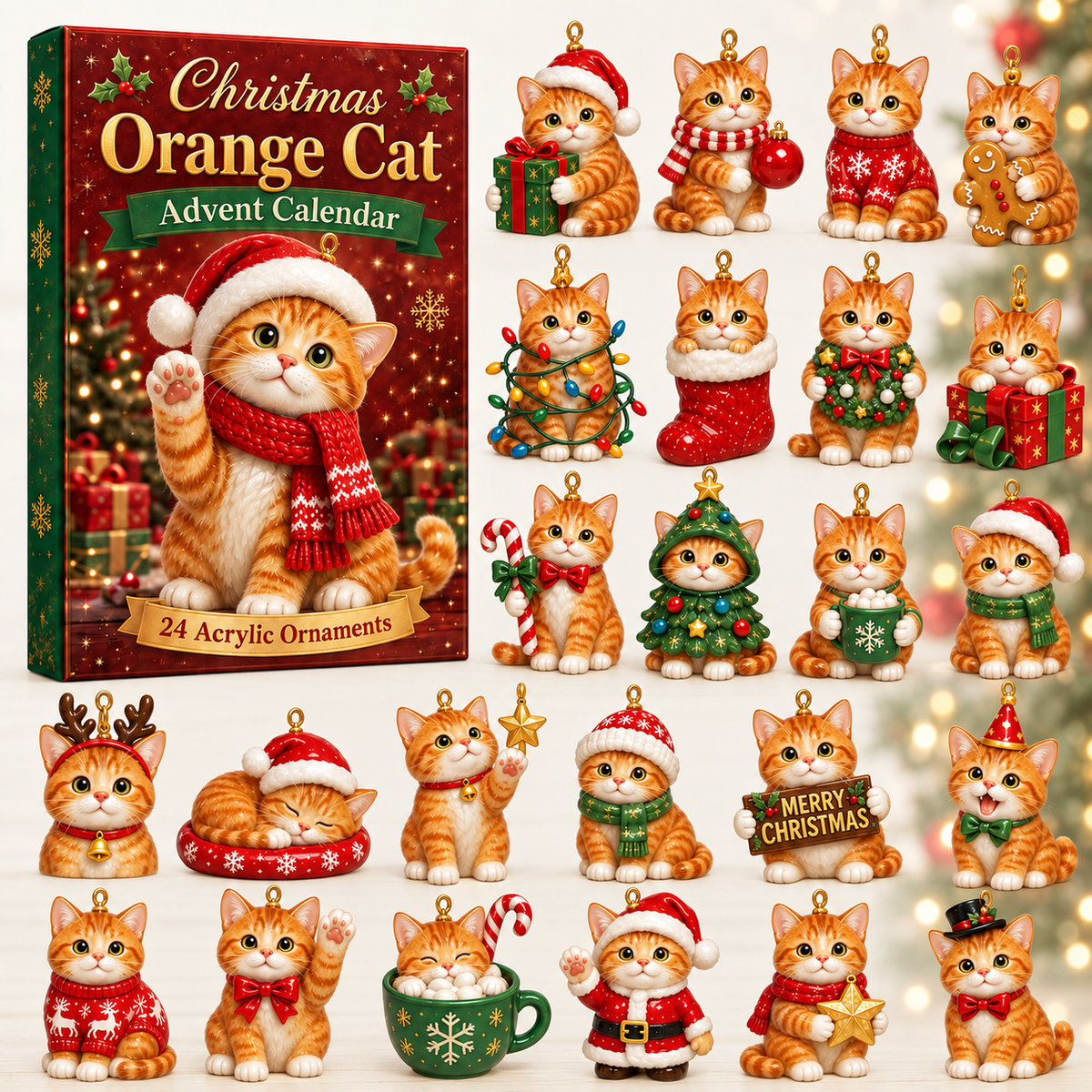 Christmas Orange Cat Advent Calendar 2026 - 24-Day Festive Countdown, Acrylic Charms Blind Box - Gift For Cat Lovers