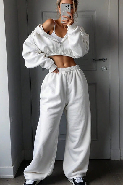Cropped Zip Hoodie Wide Leg Jogger Set