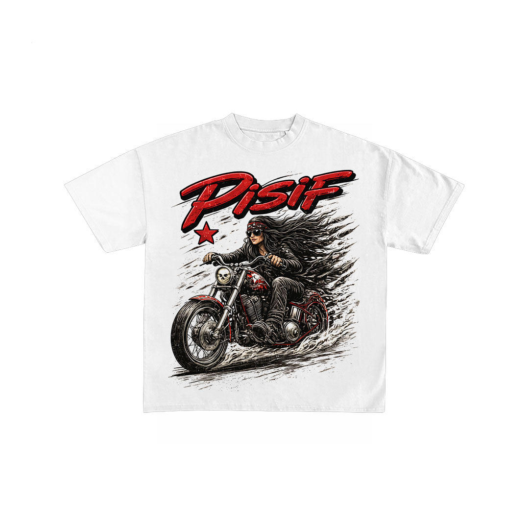 Retro Biker Girl Graphic Oversized White T-Shirt