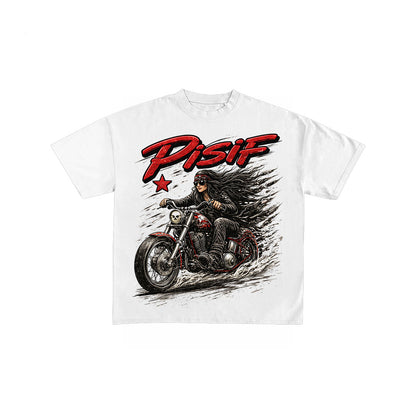 Retro Biker Girl Graphic Oversized White T-Shirt