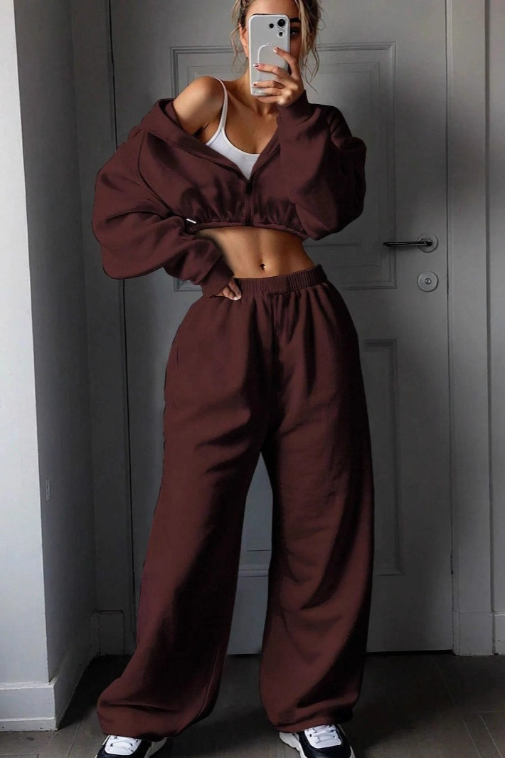 Cropped Zip Hoodie Wide Leg Jogger Set