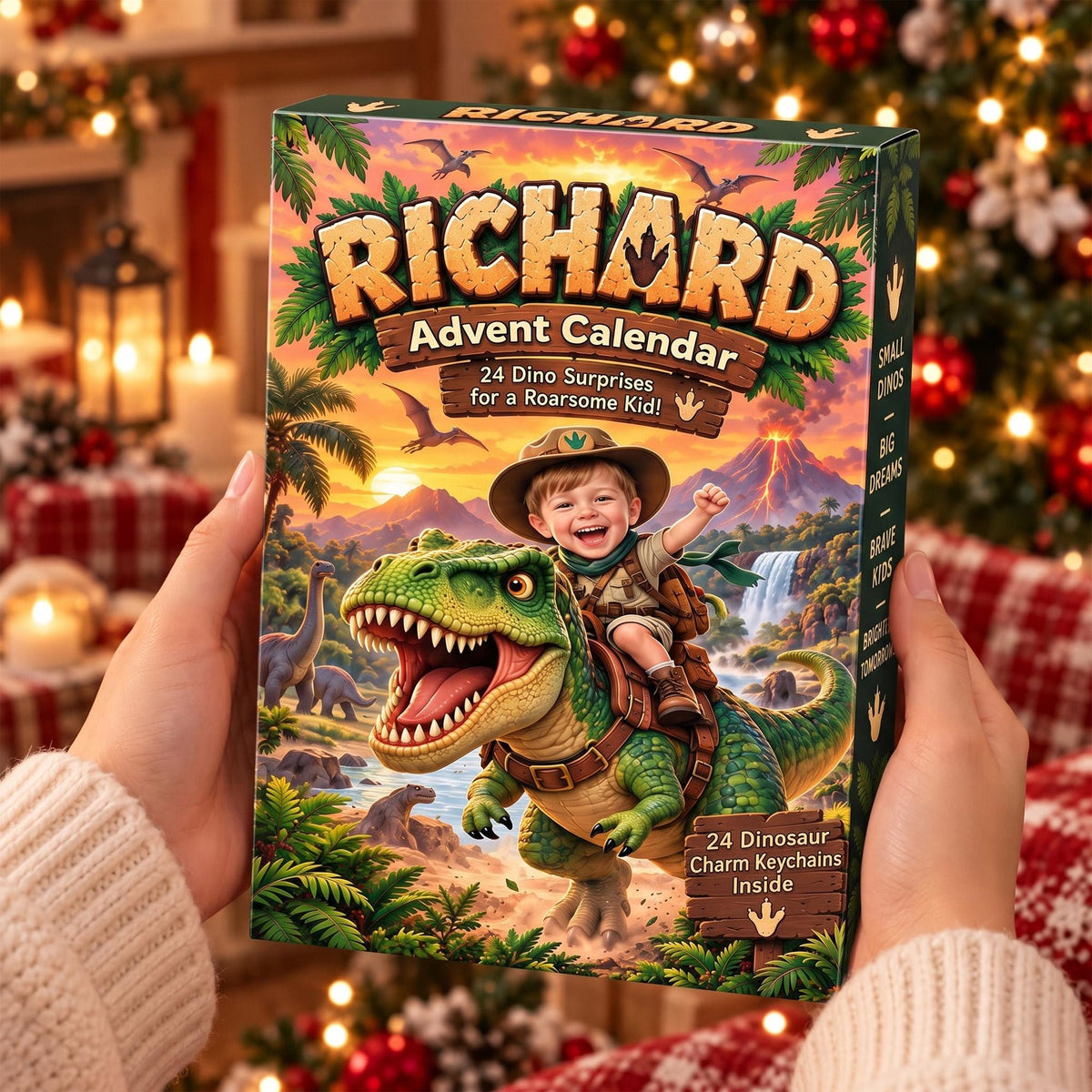Personalized Dinosaur Advent Calendar, Custom Photo & Name, 24 Acrylic Dino Ornaments
