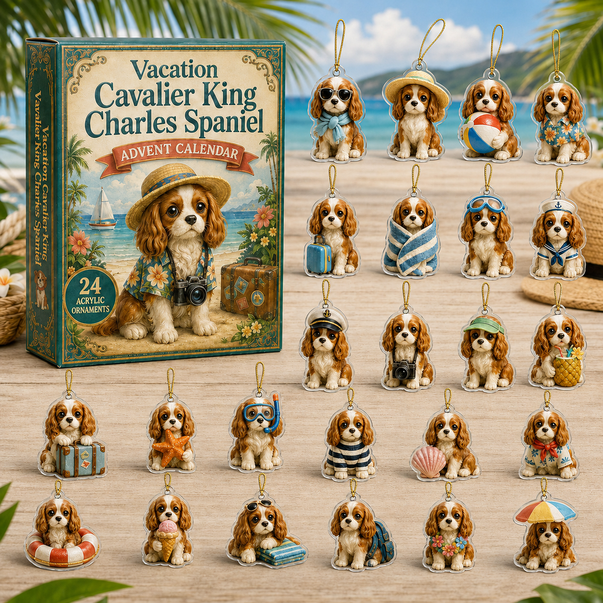 Vacation Cavalier King Charles Spaniel Advent Calendar 2026 - 24-Day Festive Countdown, Acrylic Charms Blind Box - Gift For Dog Lovers