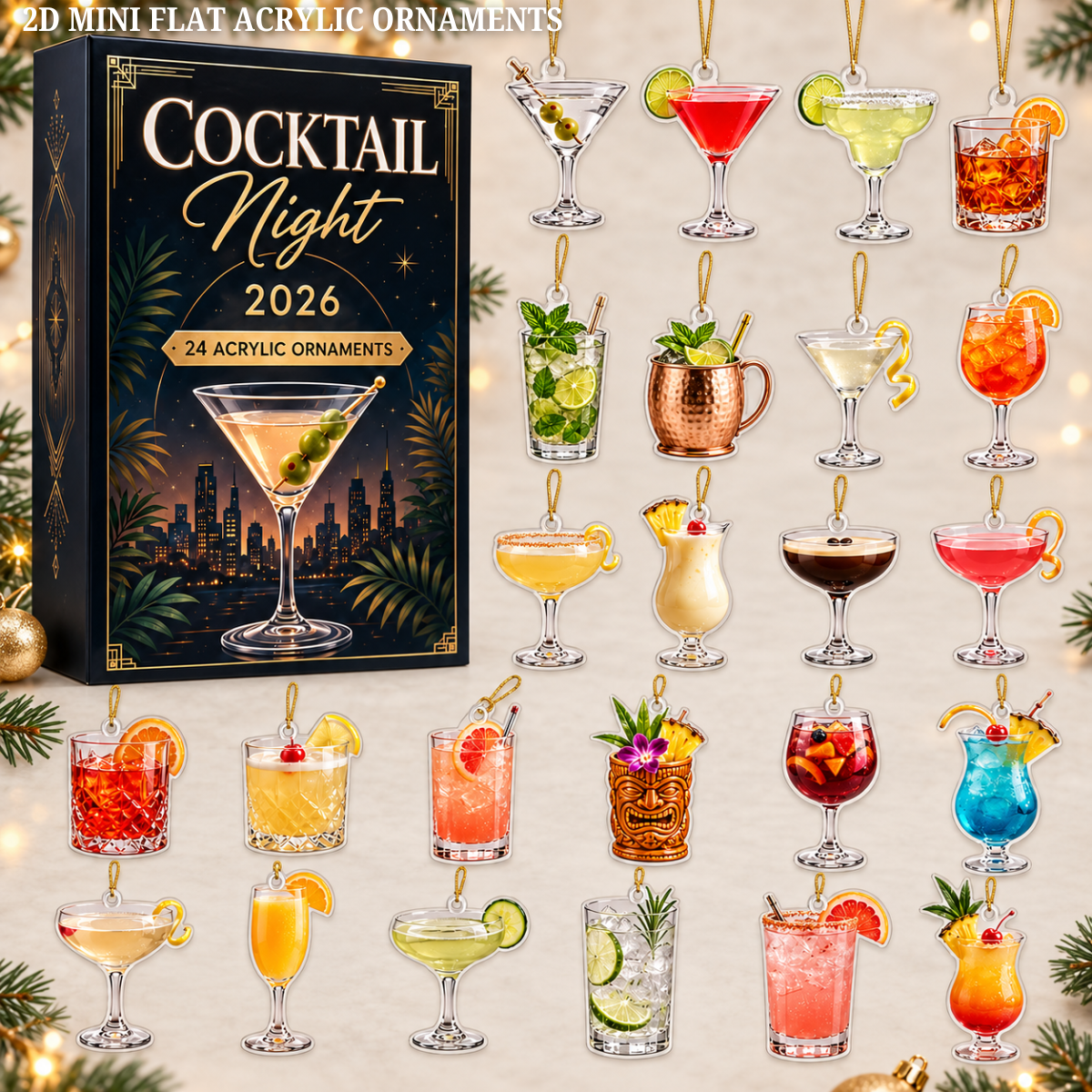 Cocktail Night Advent Calendar 2026 - 24-Day Festive Countdown, Acrylic Charms Blind Box - Gift For Cocktail Lovers