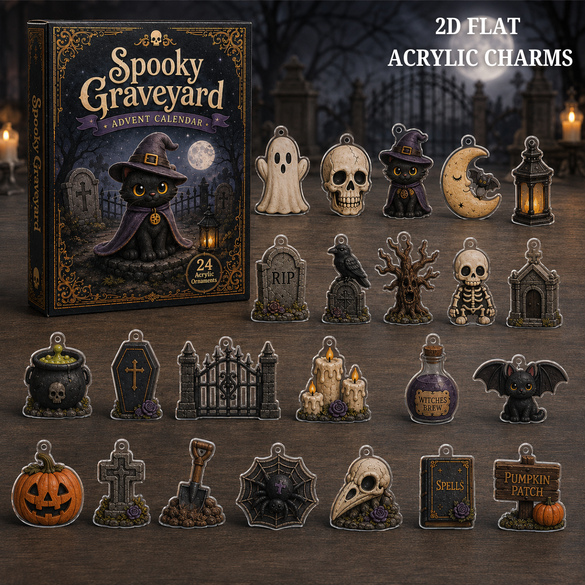 Spooky Graveyard Advent Calendar 2026 - 24-Day Festive Countdown, Acrylic Charms Blind Box - Gift For Halloween Lovers
