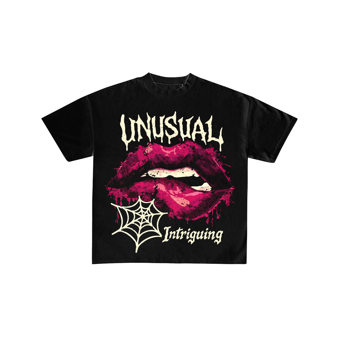 Unusual Intriguing Pink Lips Graphic Black T-Shirt