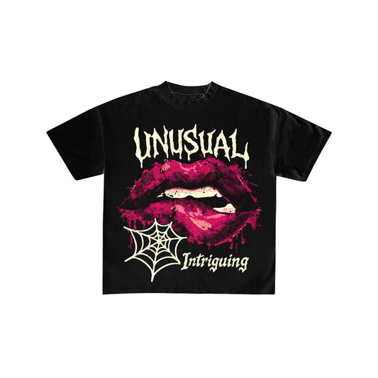 Unusual Intriguing Pink Lips Graphic Black T-Shirt