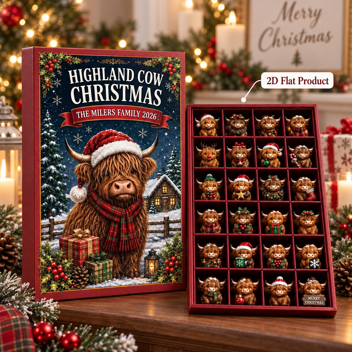 Highland Cow Advent Calendar, Christmas Countdown Box, 24 Mini Cow Ornament, Family Holiday Decor, Collectible Gift 2026, Farmhouse Present